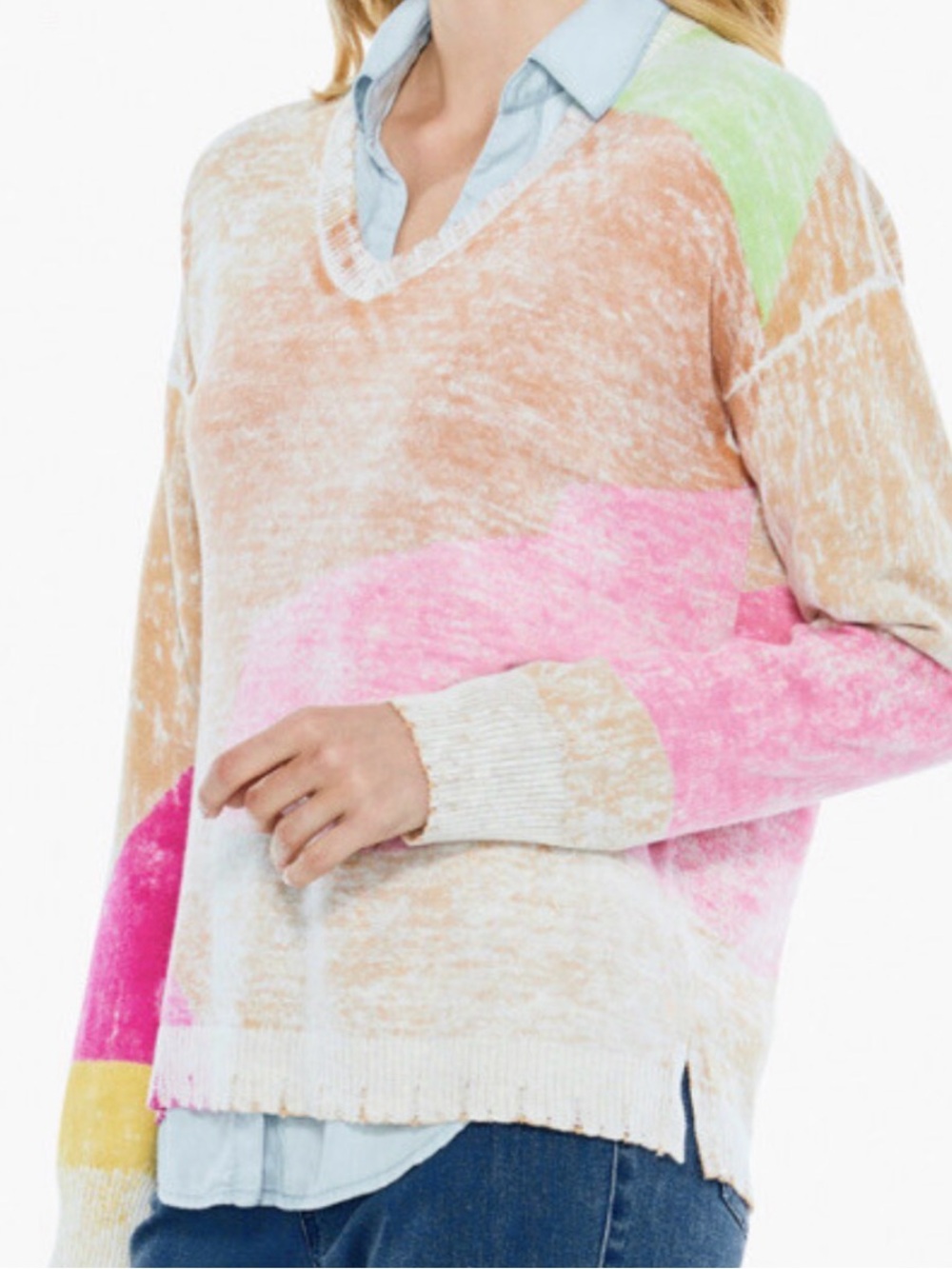 Nic+Zoe v neck pullover sweater contemporary colorblock cottagecore artsy fall M